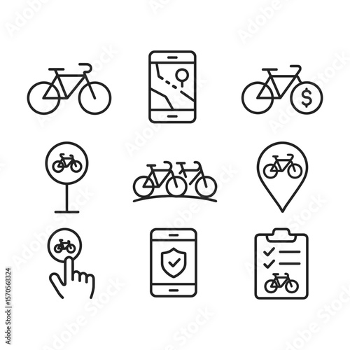 Bicycle rental sharing icons. Outline symbols. Line design
