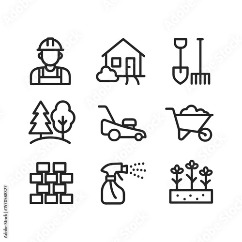 Landscaping design tools icons. Outline symbols. Line design