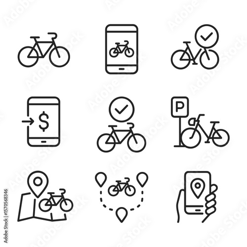 Public bike sharing vector icons. Outline symbols. Line design