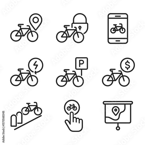 Sustainable bike sharing icons. Outline symbols. Line design