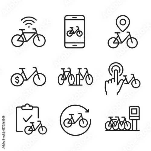 Urban bike sharing system icons. Outline symbols. Line design