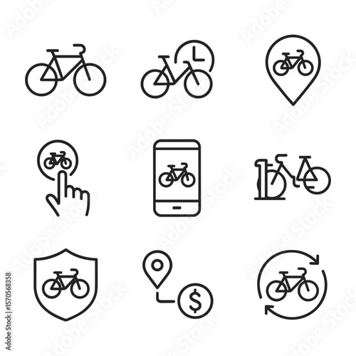 Modern bike share service icons. Outline symbols. Line design