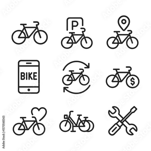 City bike sharing transport icons. Outline symbols. Line design