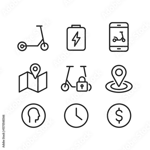 Electric scooter transportation icon collection. Outline symbols. Line design