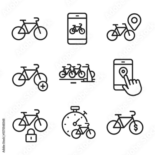 Bike share station icons. Outline symbols. Line design