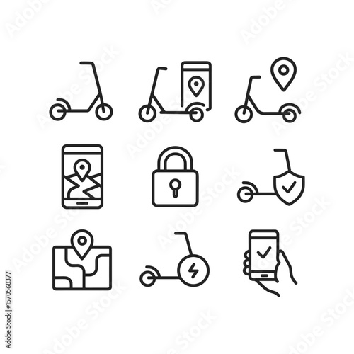 Eco electric scooter icon bundle. Outline symbols. Line design