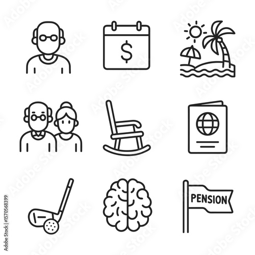 Retirement planning vector icon collection. Outline symbols. Line design