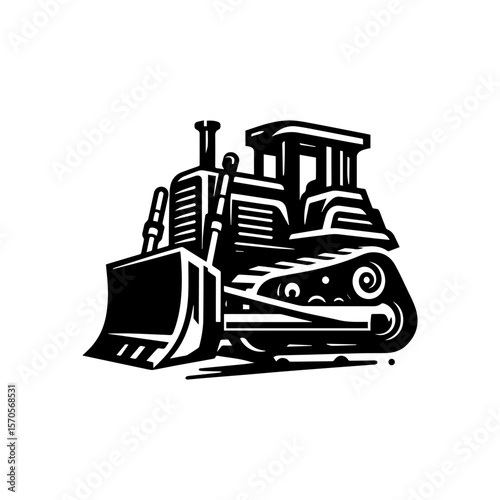 A powerful black and white illustration of a bulldozer, ready for work.