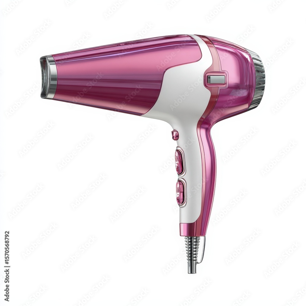 Fototapeta premium Stylish Pink and White Hair Dryer Isolated on White Background Professional Hair Styling Tool