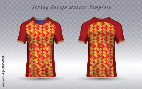 Front and back views of a jersey T-shirt mockup featuring a vibrant red and gold diamond geometric pattern, perfect for sports team uniforms.