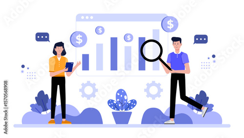 People analyzing financial growth data, suitable for presentations, reports, websites on finance, business, and data analysis. Business professionals examining charts.
