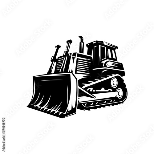 Silhouette of a powerful bulldozer, front view, detailed design.
