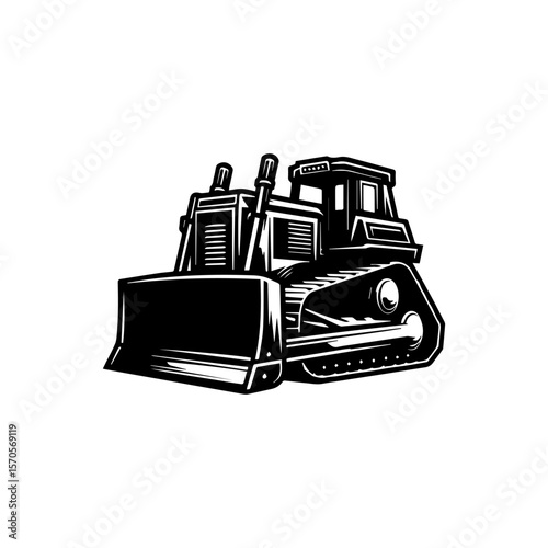 A stylized black and white illustration of a bulldozer, ready for work.
