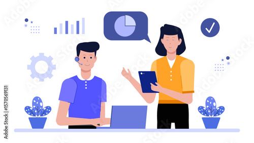 Two coworkers discussing data analysis at work. Suitable for business presentations, articles on teamwork, communication skills, and office collaboration.