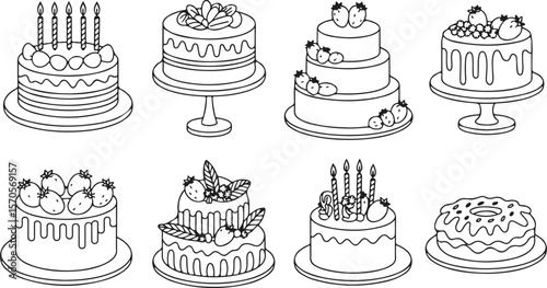 Cake icon Thin line illustration set vector.
Cake line icon set. Vector pictograms of birthday cakes, wedding, cupcakes, pastry dessert, cheesecake thin linear illustration.