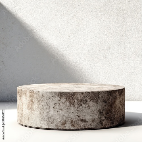 Rustic Stone Cylinder Pedestal Display Stand Against White Wall Background Perfect for Product Presentation or Mockups