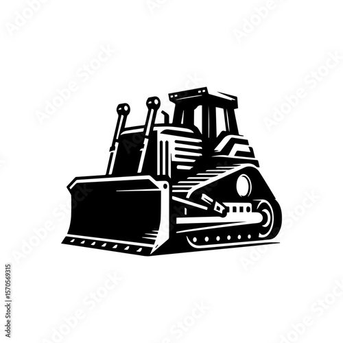 Black and white illustration of a bulldozer, front view, ready for work.