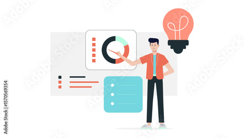 Man showing data charts and a checklist, suitable for business presentations, financial reports, project updates, and progress tracking illustrations.
