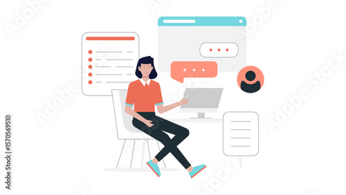 Ideal for website banners, blog posts, and social media content, this image features a woman immersed in online work surrounded by documents.