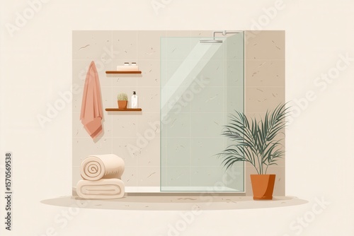 Cozy and Minimalist Bathroom Shower Space with Towels and Plants