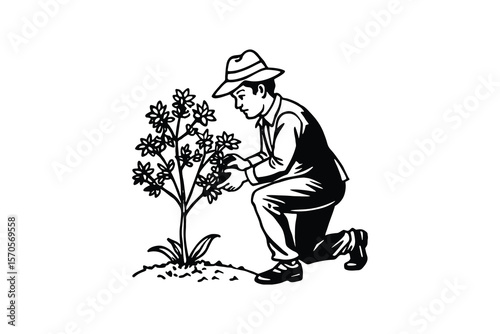 Man in Hat Planting a Tree Black and White Illustration