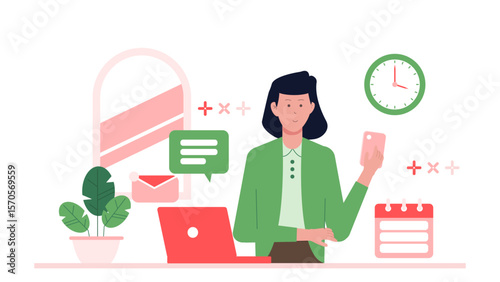 Busy professional woman multitasking with laptop, phone, and clock. Suitable for illustrating time management, office setting, work balance concepts.