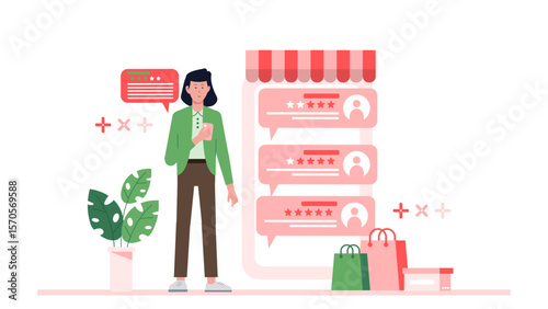 Online shopping reviews woman with shopping bags. Suitable for ecommerce websites, marketing materials, and social media posts.