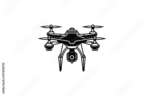 Black and white drone vector illustration with camera isolated on white background