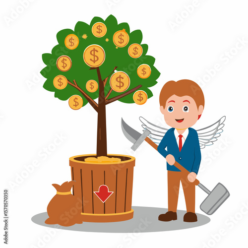 Angel investor with pickaxe ready to harvest money tree isolated on white background