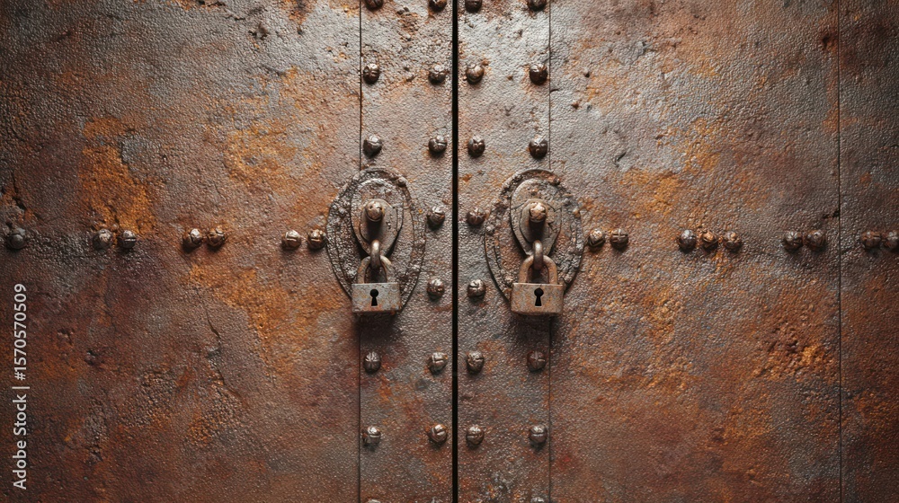 Fototapeta premium Heavily weathered, rusty metal double doors secured with padlocks and studded