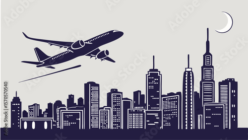A modern jet airplane soars through the night sky above a silhouetted cityscape featuring tall skyscrapers and a crescent moon symbolizing travel and urban life