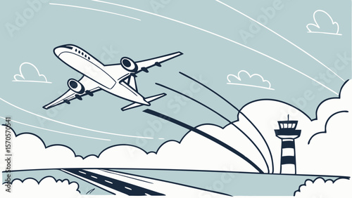 A stylized illustration of a commercial airplane ascending into a light blue sky with stylized clouds and contrails departing from an airport runway with a control tower visible