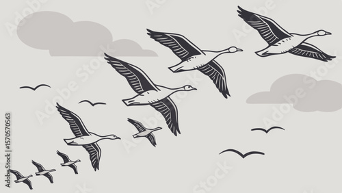 A flock of canada geese flying in formation against a cloudy sky in a stylized graphic illustration with a minimalist aesthetic and a neutral color palette