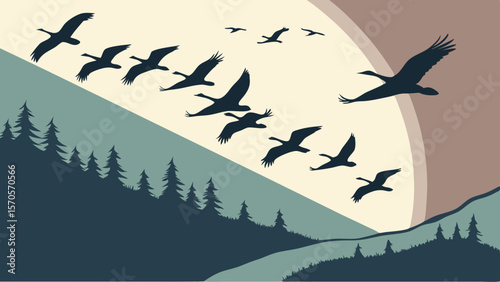 A flock of canada geese flies in formation over a stylized forest landscape with rolling hills and a segmented sky in muted earthy tones