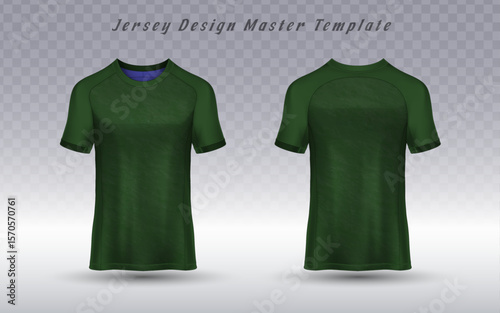 Front and back views of a blank dark green jersey T-shirt mockup, ideal for showcasing apparel designs, team uniforms, or custom branding.