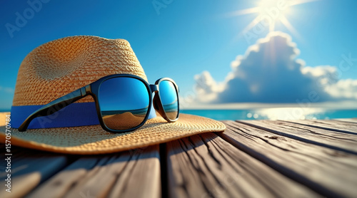 Sunny Beach Getaway Straw Hat and Sunglasses on a Wooden Deck Overlooking the Ocean with a Clear Blue Sky and Bright Sunlight in a Summer Vacation Scene