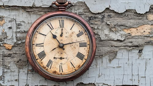 Antique pocket watch against weathered, peeling paint