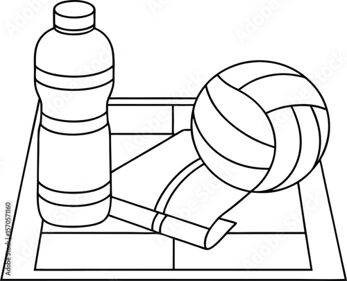 Water bottle volleyball and folded paper on a surface vector