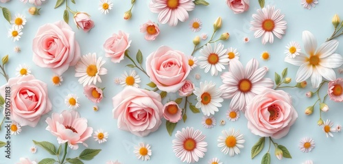 Delicate pastel roses, lilies, and daisies in a soft, repeating floral pattern on a light blue background,  feminine,  floral