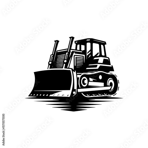 Black and white illustration of a bulldozer with a large blade, shown at a slight angle.