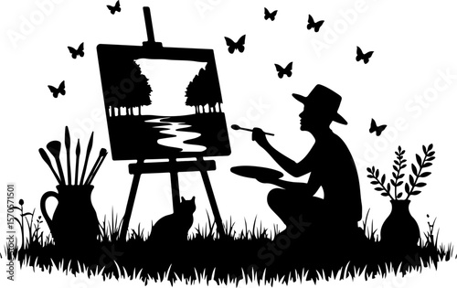 artist painting on the grass, silhouette, vector, people, illustration, woman, business, silhouettes, person, black, men, design, couple, love