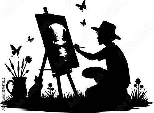 artist at work, vector, silhouette, people, illustration, woman, black, silhouettes, business, witch, person, sport, halloween