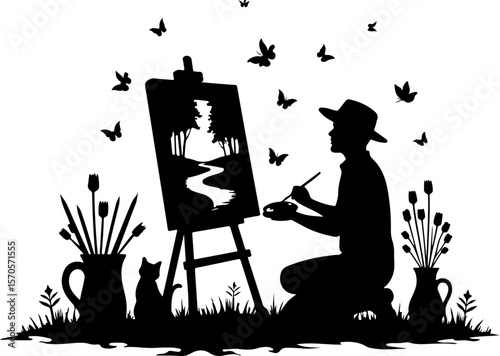 artist with a palette, silhouette, vector, people, illustration, woman, art, music, black, design, silhouettes, business, musician