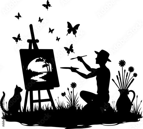 artist with a palette, silhouette, vector, people, illustration, woman, art, music, black, design, silhouettes, business, musician