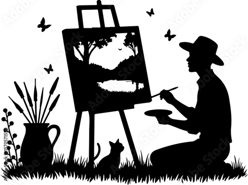 artist at work, vector, silhouette, people, illustration, woman, black, silhouettes, business, witch, person, sport, halloween