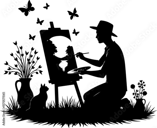 artist with a palette, silhouette, vector, people, illustration, woman, art, music, black, design, silhouettes, business, musician