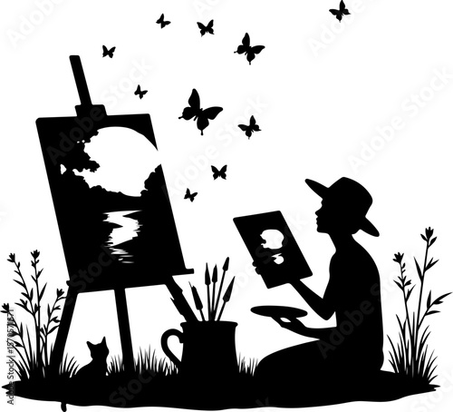 artist with a palette, silhouette, vector, people, illustration, woman, art, music, black, design, silhouettes, business, musician