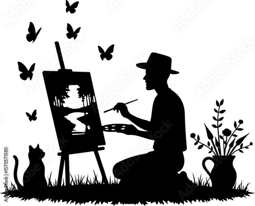 artist with a palette, silhouette, vector, people, illustration, woman, art, music, black, design, silhouettes, business, musician