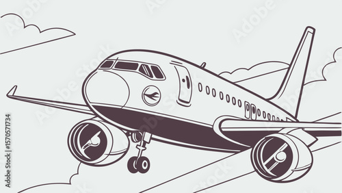 Stylized line art illustration of a modern commercial passenger jet airplane in flight against a light grey sky with stylized clouds and landscape elements below