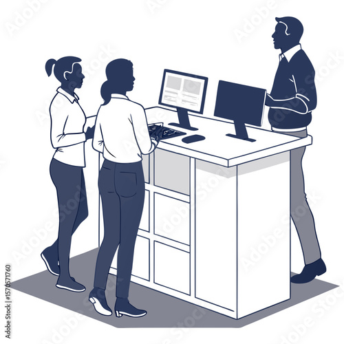 Three diverse colleagues collaborate at a modern desk with computers discussing project details and working together on a shared task in a professional office environment